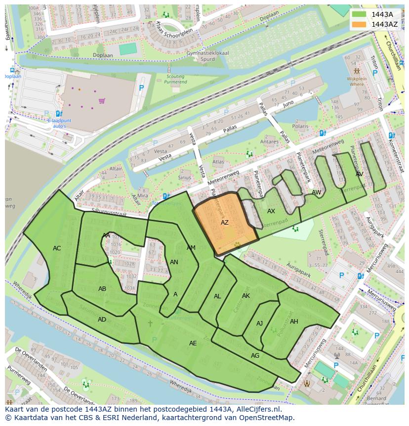 Afbeelding van het postcodegebied 1443 AZ op de kaart.