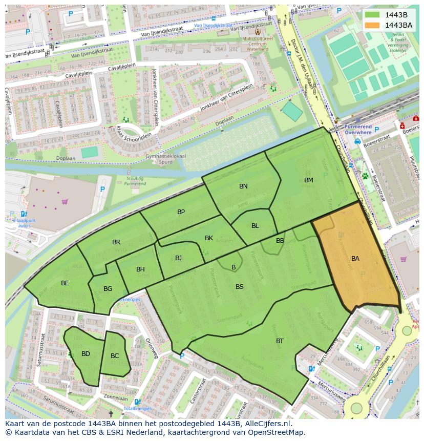 Afbeelding van het postcodegebied 1443 BA op de kaart.