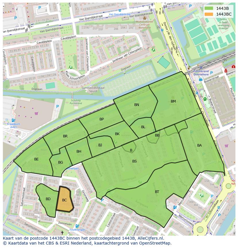 Afbeelding van het postcodegebied 1443 BC op de kaart.