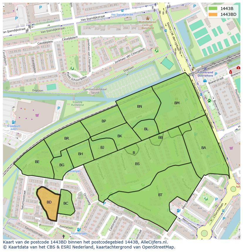 Afbeelding van het postcodegebied 1443 BD op de kaart.