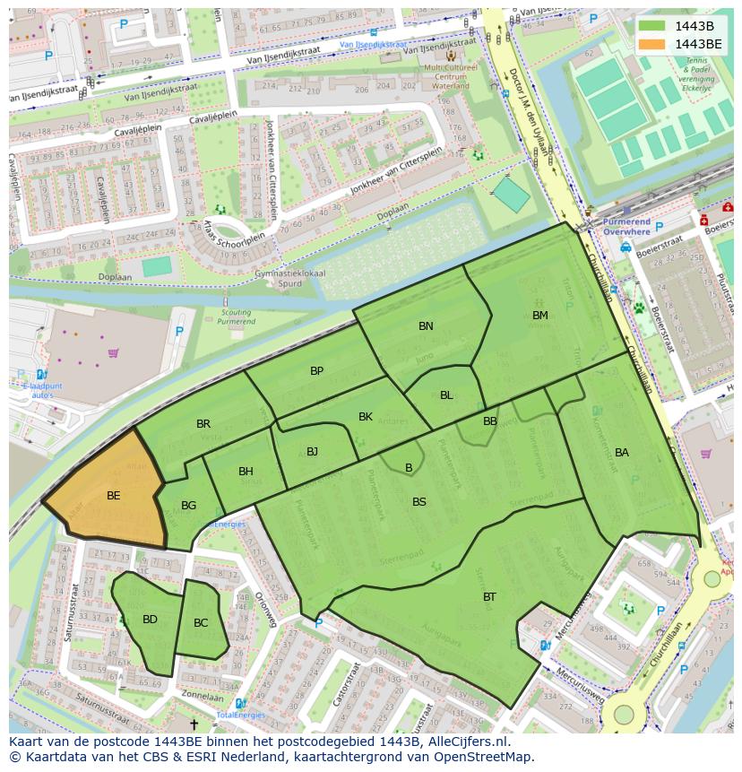 Afbeelding van het postcodegebied 1443 BE op de kaart.