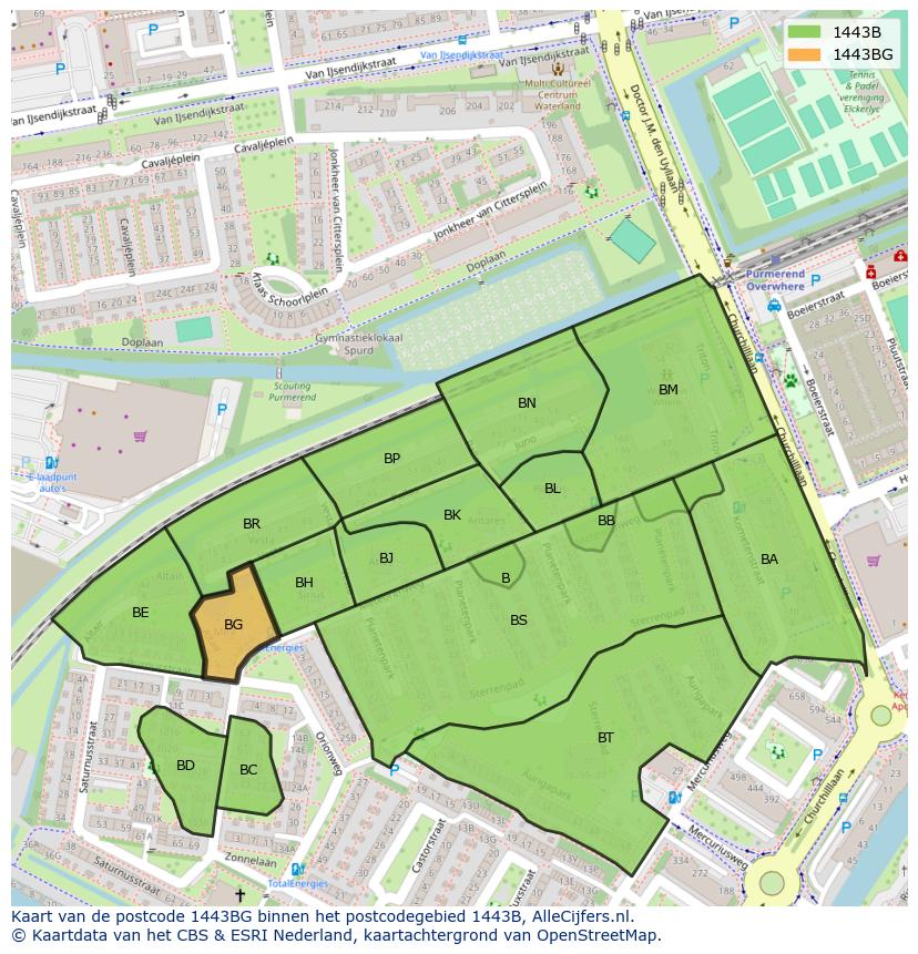 Afbeelding van het postcodegebied 1443 BG op de kaart.