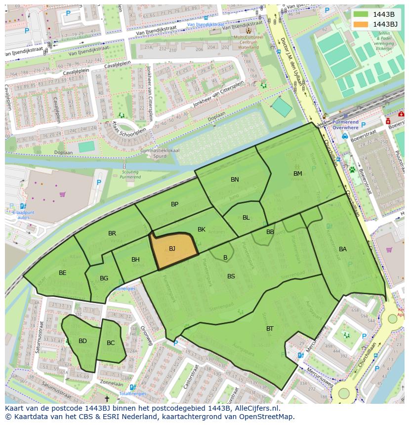 Afbeelding van het postcodegebied 1443 BJ op de kaart.