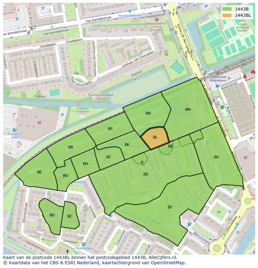 Afbeelding van het postcodegebied 1443 BL op de kaart.
