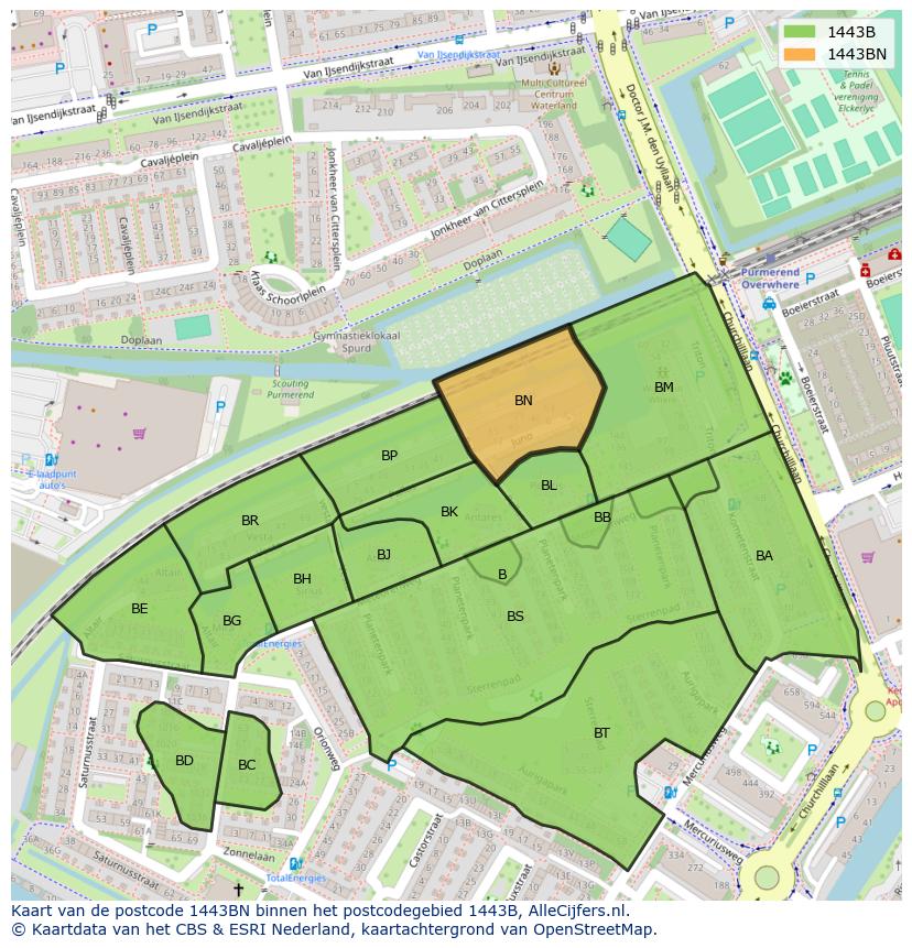 Afbeelding van het postcodegebied 1443 BN op de kaart.