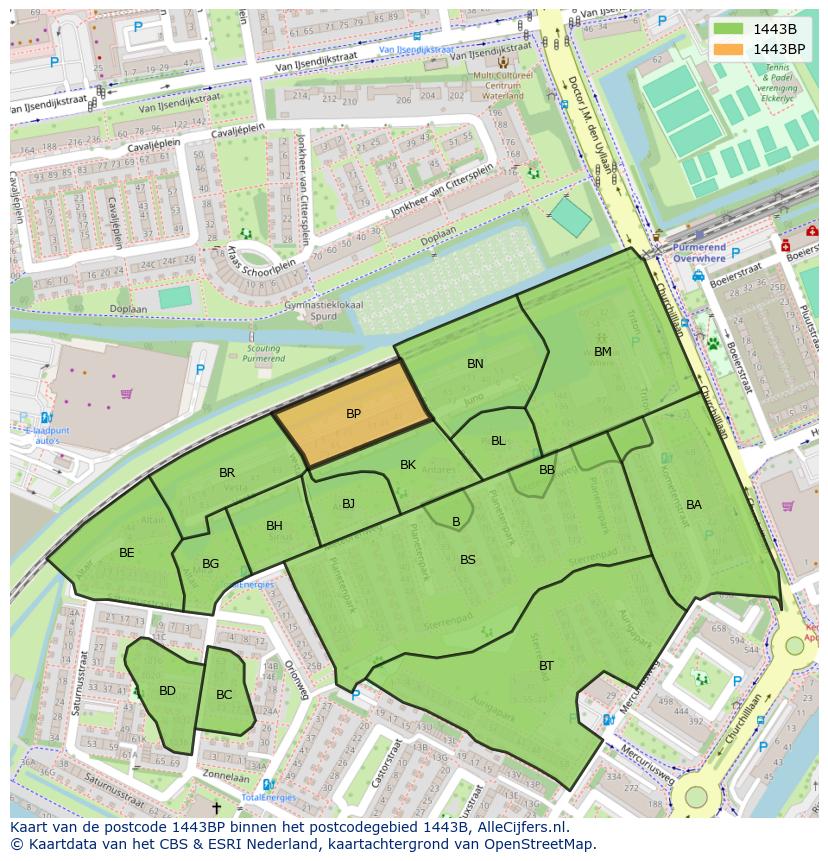 Afbeelding van het postcodegebied 1443 BP op de kaart.