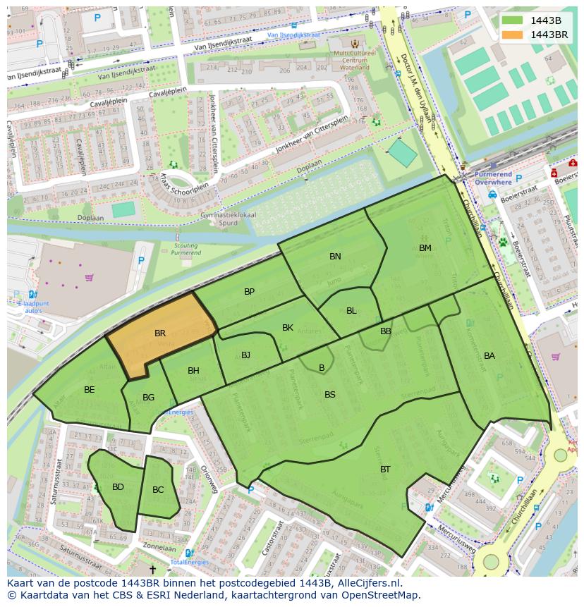 Afbeelding van het postcodegebied 1443 BR op de kaart.