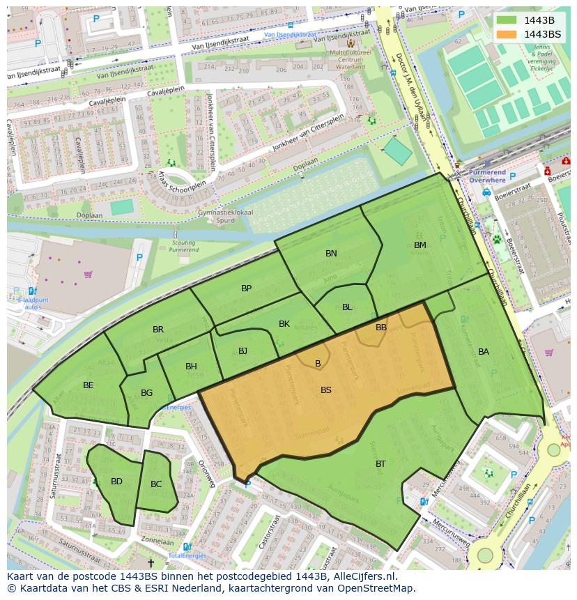Afbeelding van het postcodegebied 1443 BS op de kaart.