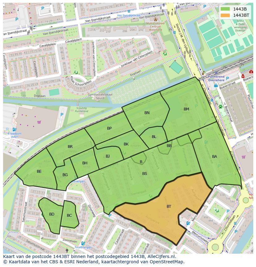 Afbeelding van het postcodegebied 1443 BT op de kaart.