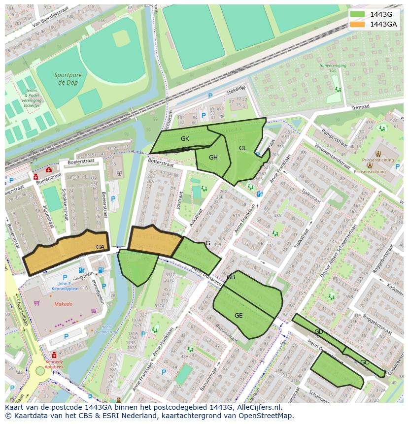 Afbeelding van het postcodegebied 1443 GA op de kaart.