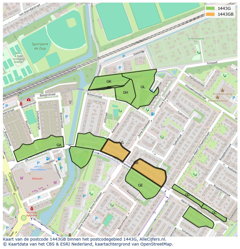 Afbeelding van het postcodegebied 1443 GB op de kaart.