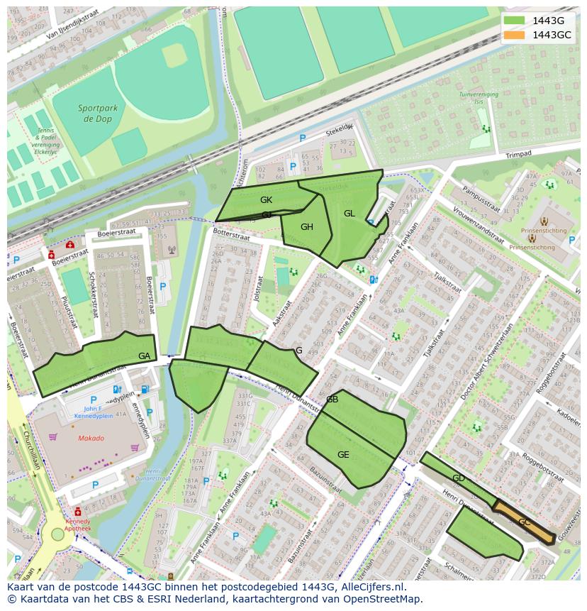 Afbeelding van het postcodegebied 1443 GC op de kaart.