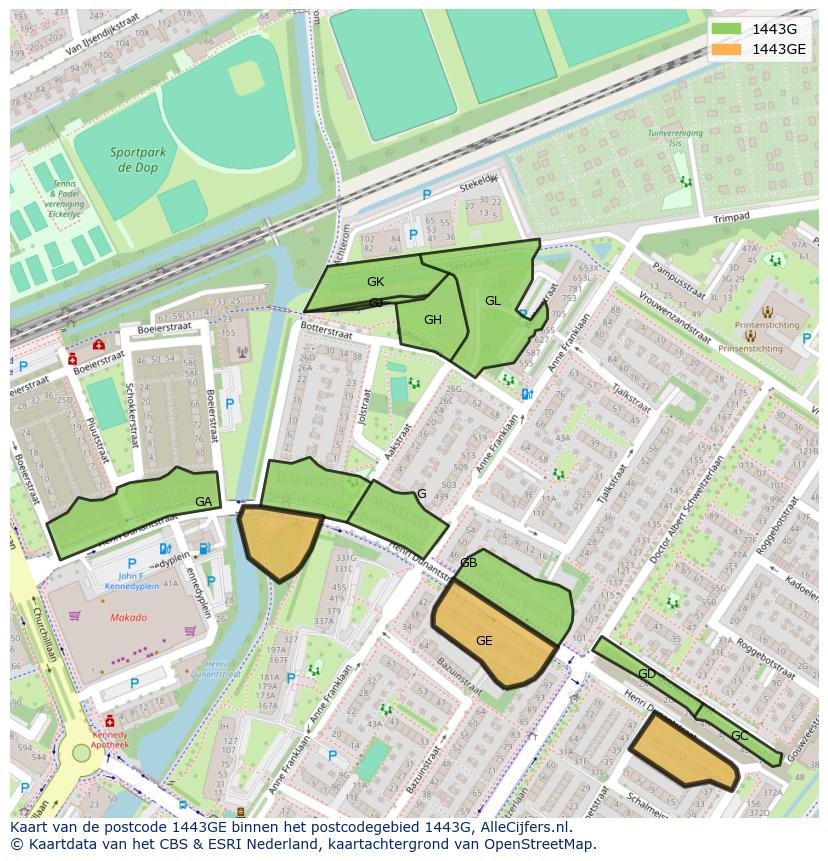 Afbeelding van het postcodegebied 1443 GE op de kaart.