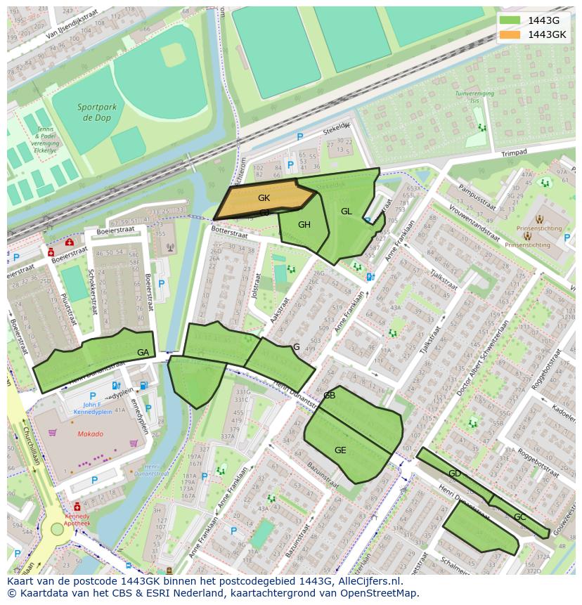 Afbeelding van het postcodegebied 1443 GK op de kaart.
