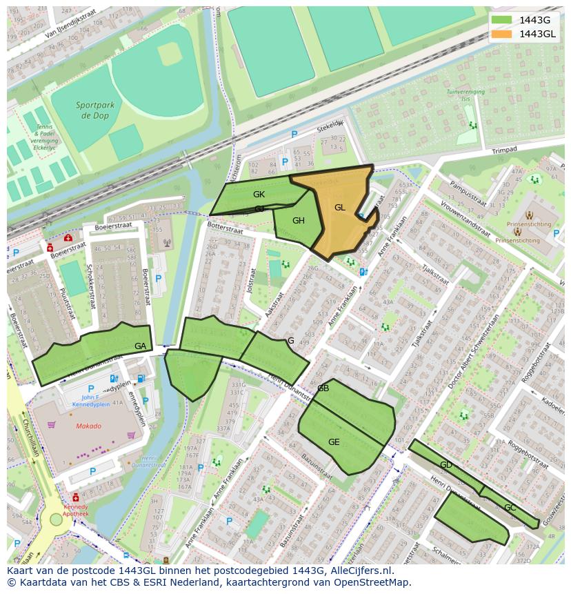 Afbeelding van het postcodegebied 1443 GL op de kaart.