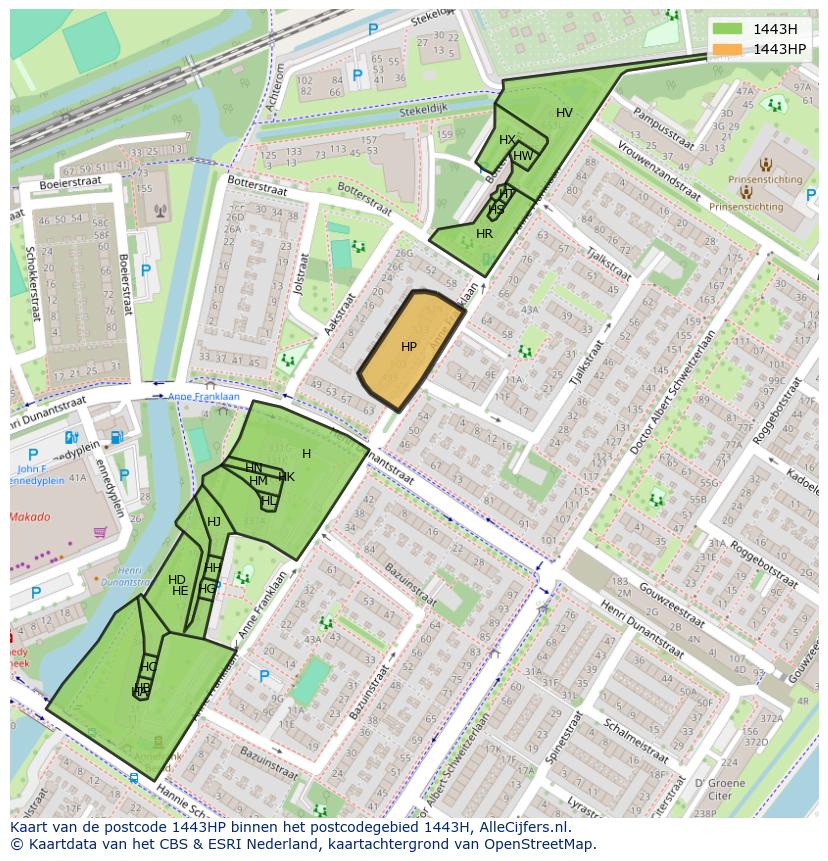 Afbeelding van het postcodegebied 1443 HP op de kaart.