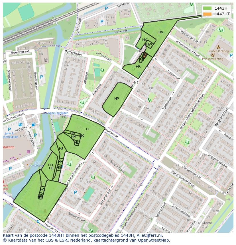 Afbeelding van het postcodegebied 1443 HT op de kaart.