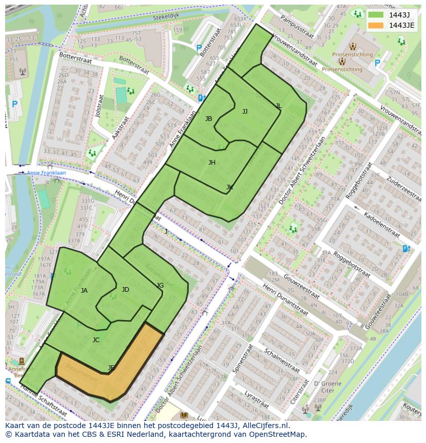 Afbeelding van het postcodegebied 1443 JE op de kaart.