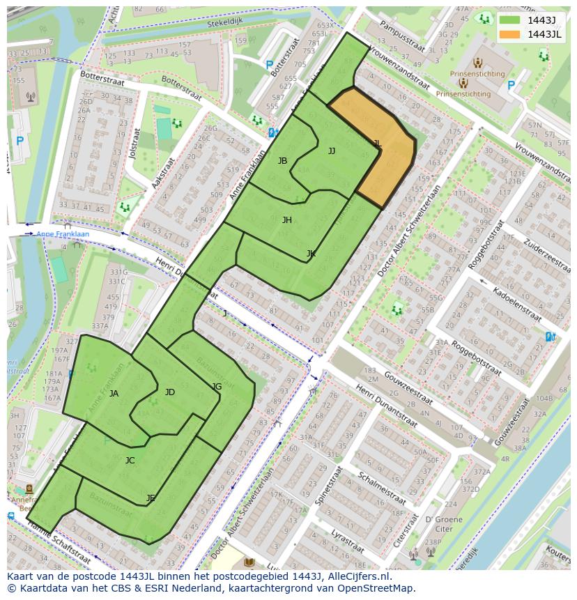 Afbeelding van het postcodegebied 1443 JL op de kaart.