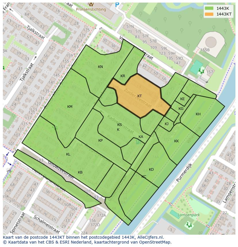 Afbeelding van het postcodegebied 1443 KT op de kaart.