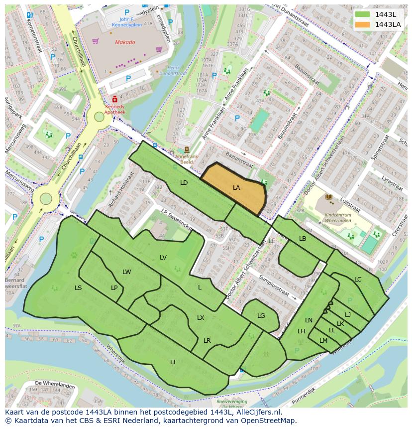 Afbeelding van het postcodegebied 1443 LA op de kaart.
