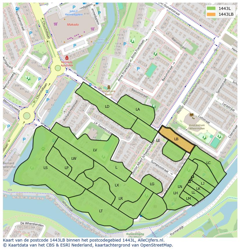 Afbeelding van het postcodegebied 1443 LB op de kaart.