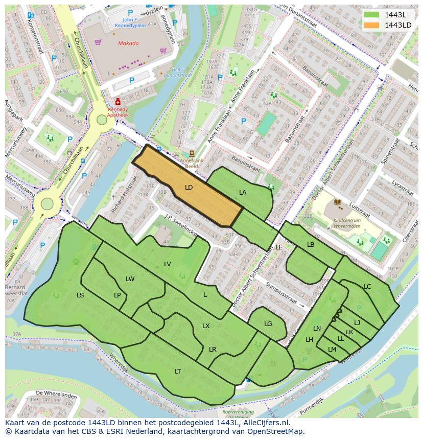 Afbeelding van het postcodegebied 1443 LD op de kaart.