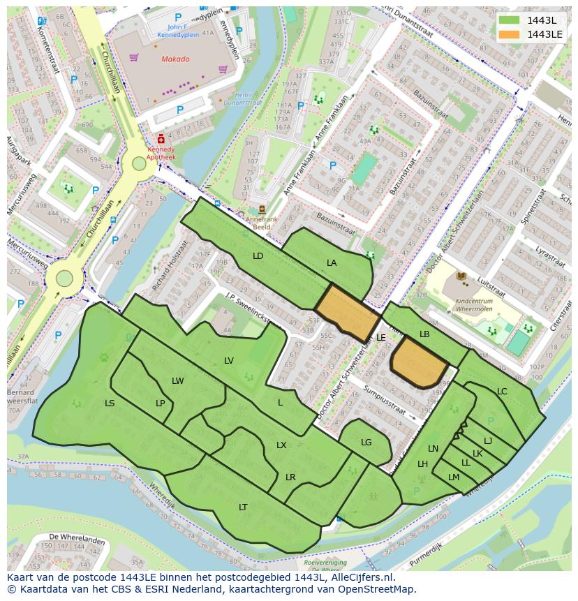 Afbeelding van het postcodegebied 1443 LE op de kaart.