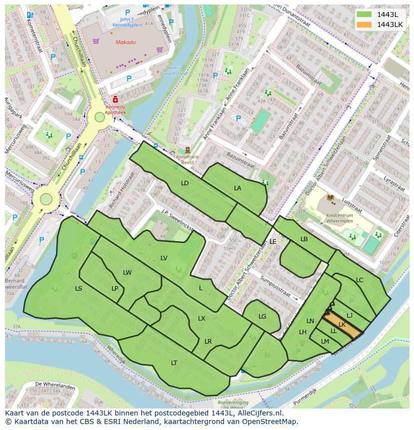 Afbeelding van het postcodegebied 1443 LK op de kaart.
