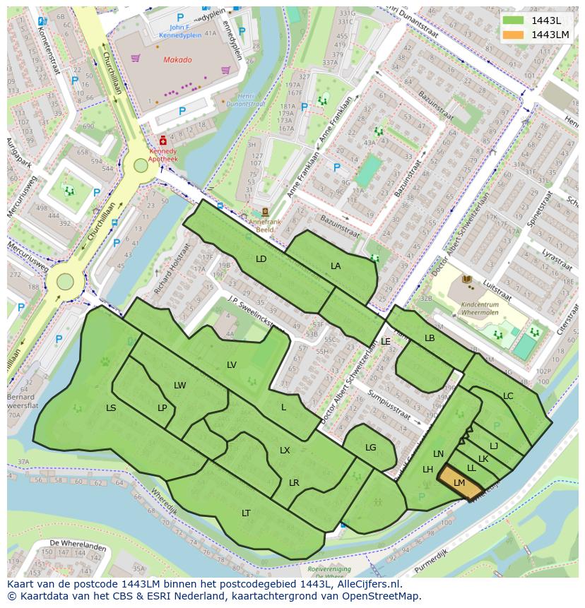 Afbeelding van het postcodegebied 1443 LM op de kaart.
