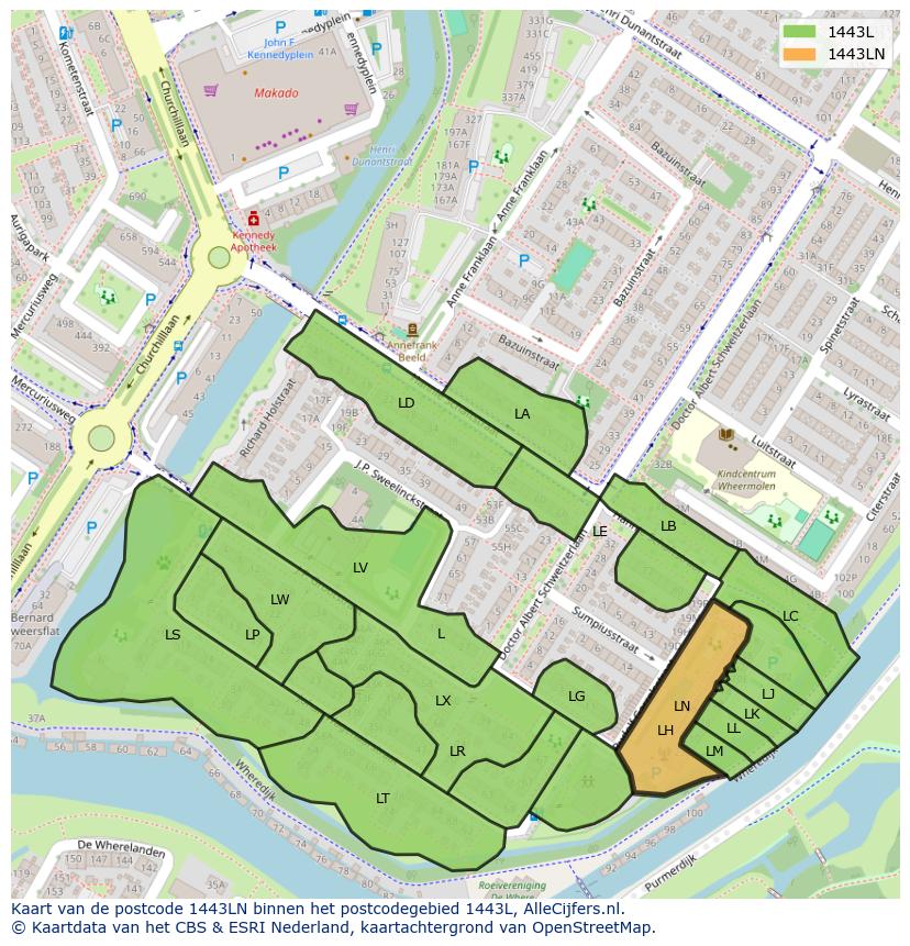 Afbeelding van het postcodegebied 1443 LN op de kaart.