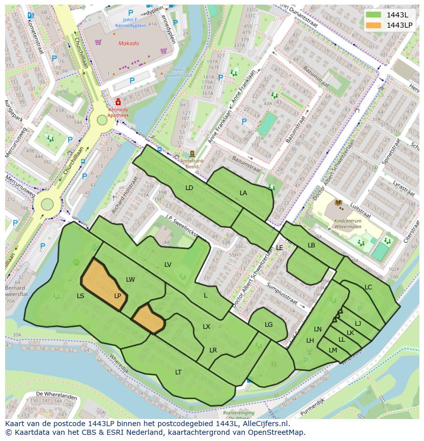 Afbeelding van het postcodegebied 1443 LP op de kaart.