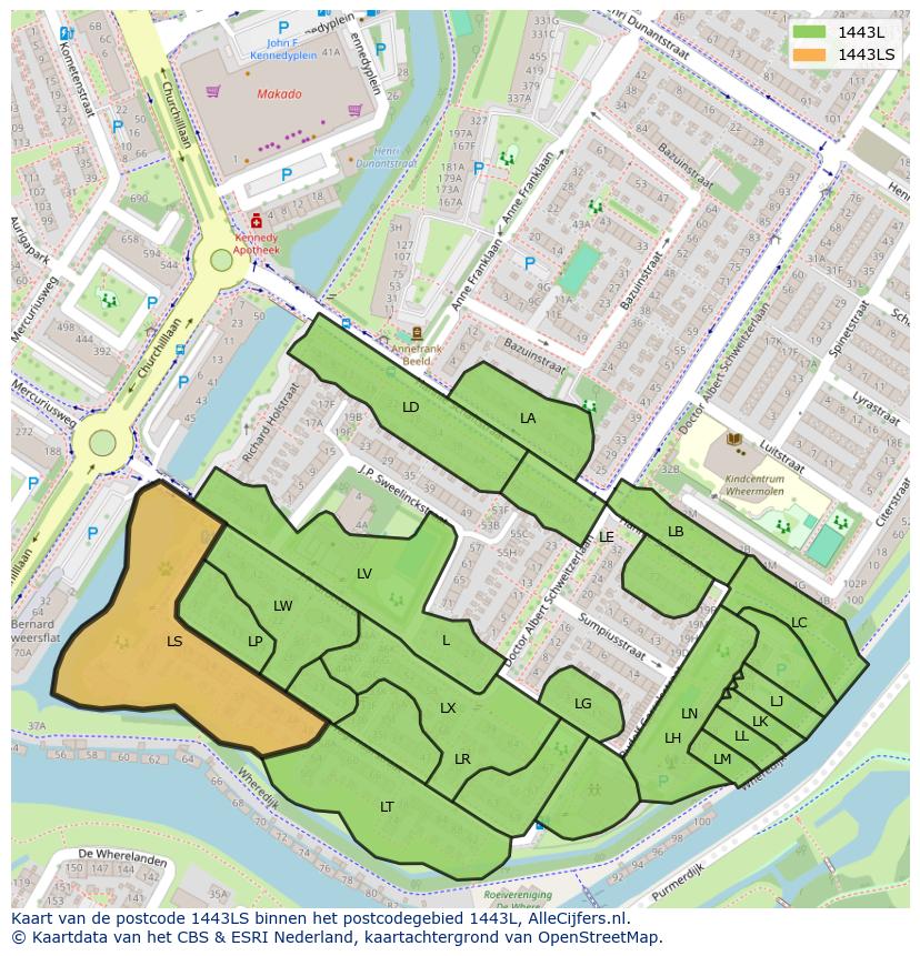 Afbeelding van het postcodegebied 1443 LS op de kaart.