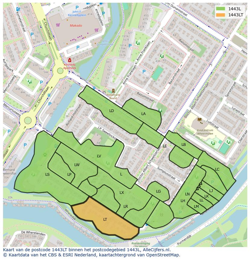 Afbeelding van het postcodegebied 1443 LT op de kaart.
