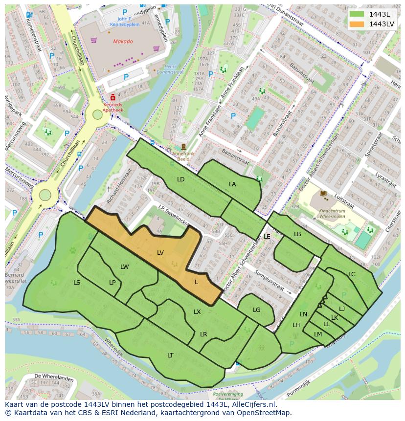 Afbeelding van het postcodegebied 1443 LV op de kaart.