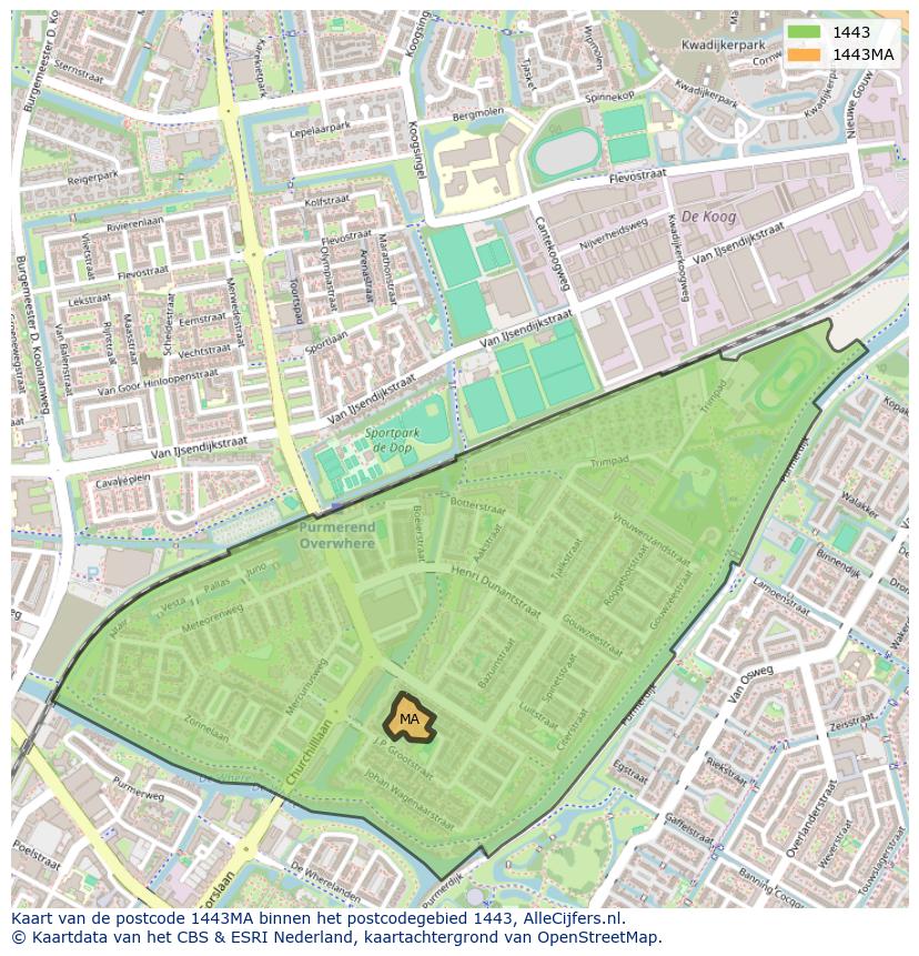 Afbeelding van het postcodegebied 1443 MA op de kaart.