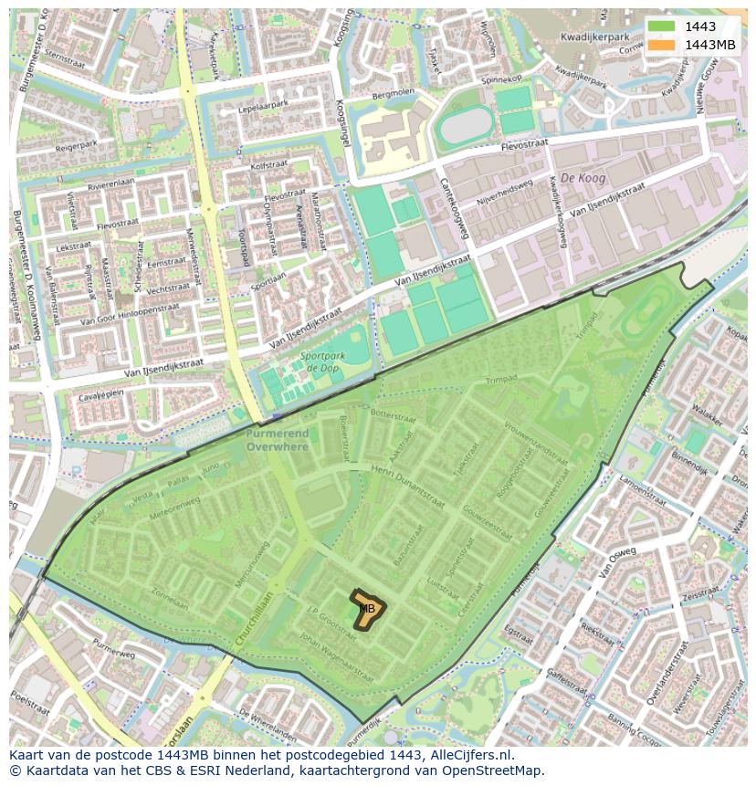 Afbeelding van het postcodegebied 1443 MB op de kaart.