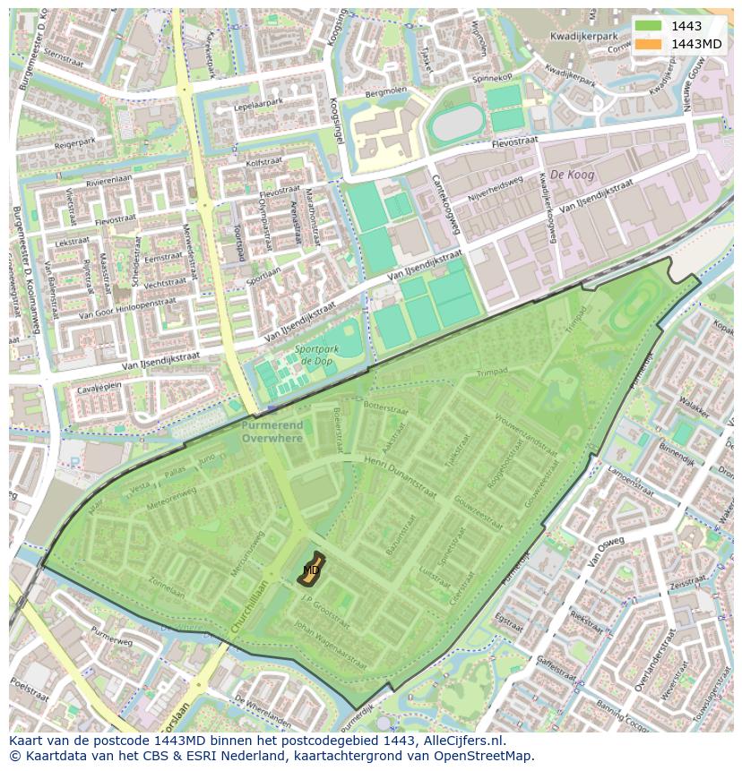 Afbeelding van het postcodegebied 1443 MD op de kaart.