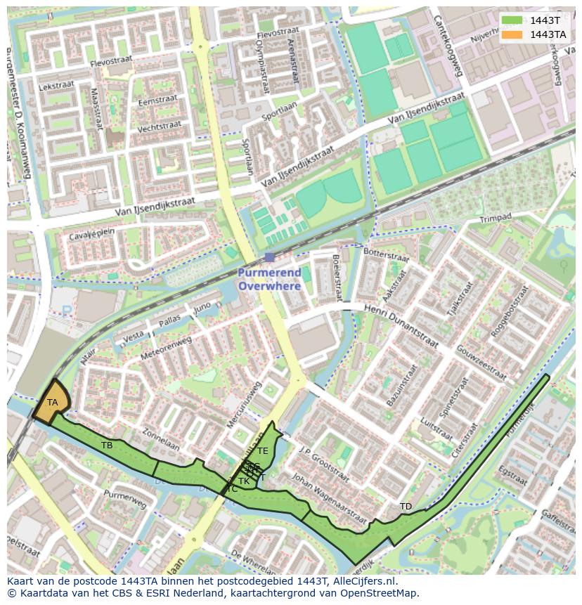 Afbeelding van het postcodegebied 1443 TA op de kaart.