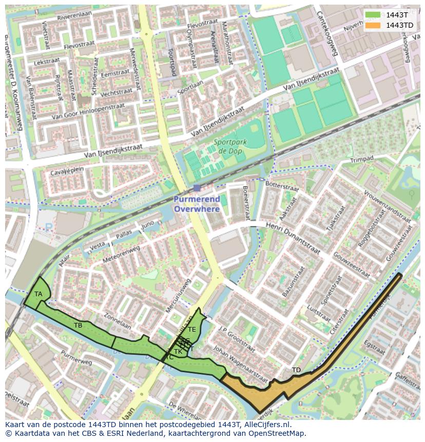 Afbeelding van het postcodegebied 1443 TD op de kaart.