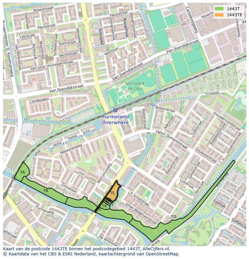 Afbeelding van het postcodegebied 1443 TE op de kaart.