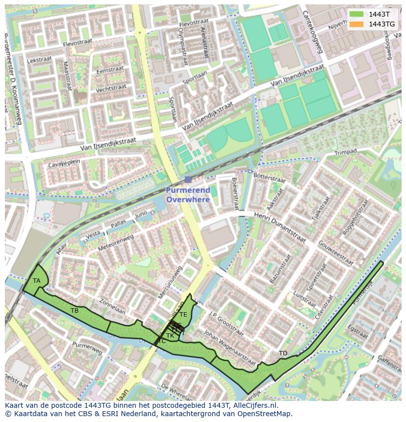 Afbeelding van het postcodegebied 1443 TG op de kaart.