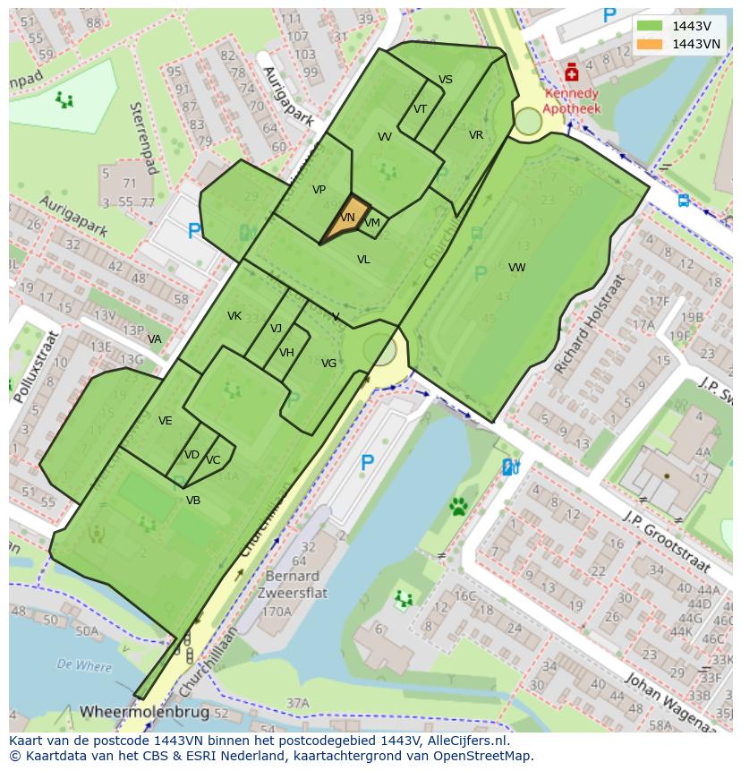 Afbeelding van het postcodegebied 1443 VN op de kaart.