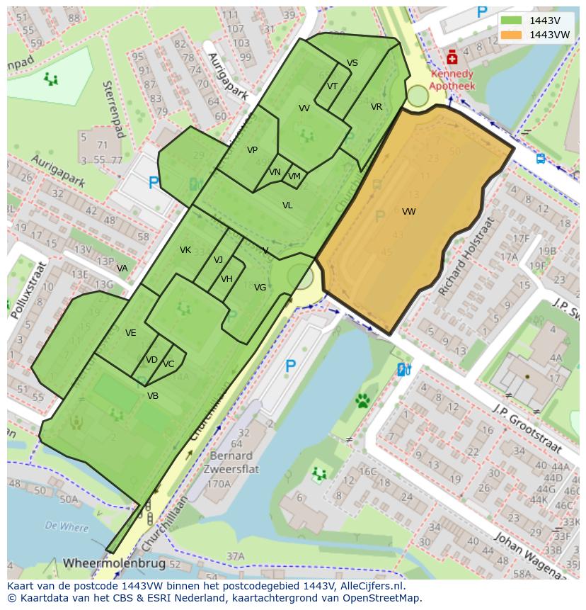 Afbeelding van het postcodegebied 1443 VW op de kaart.
