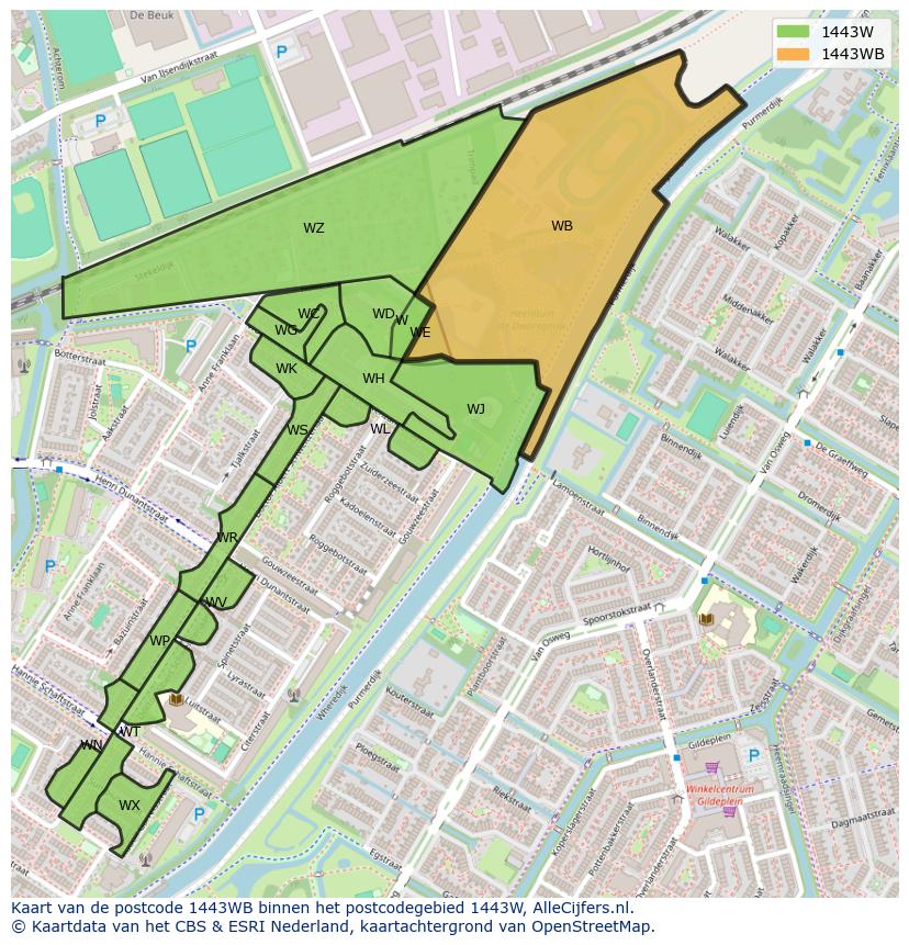 Afbeelding van het postcodegebied 1443 WB op de kaart.