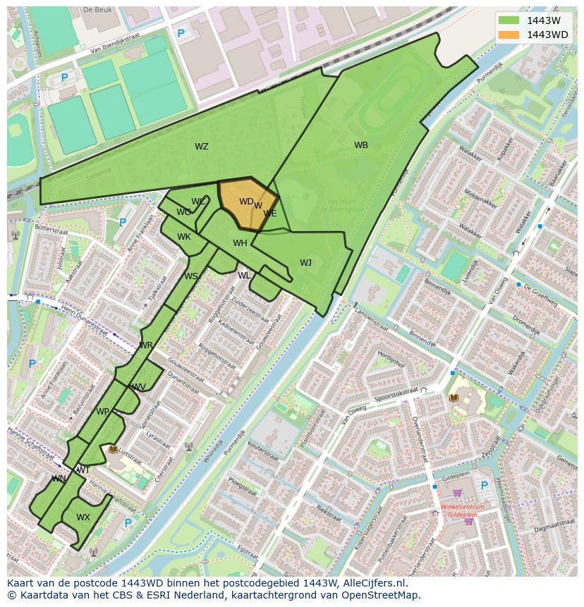 Afbeelding van het postcodegebied 1443 WD op de kaart.