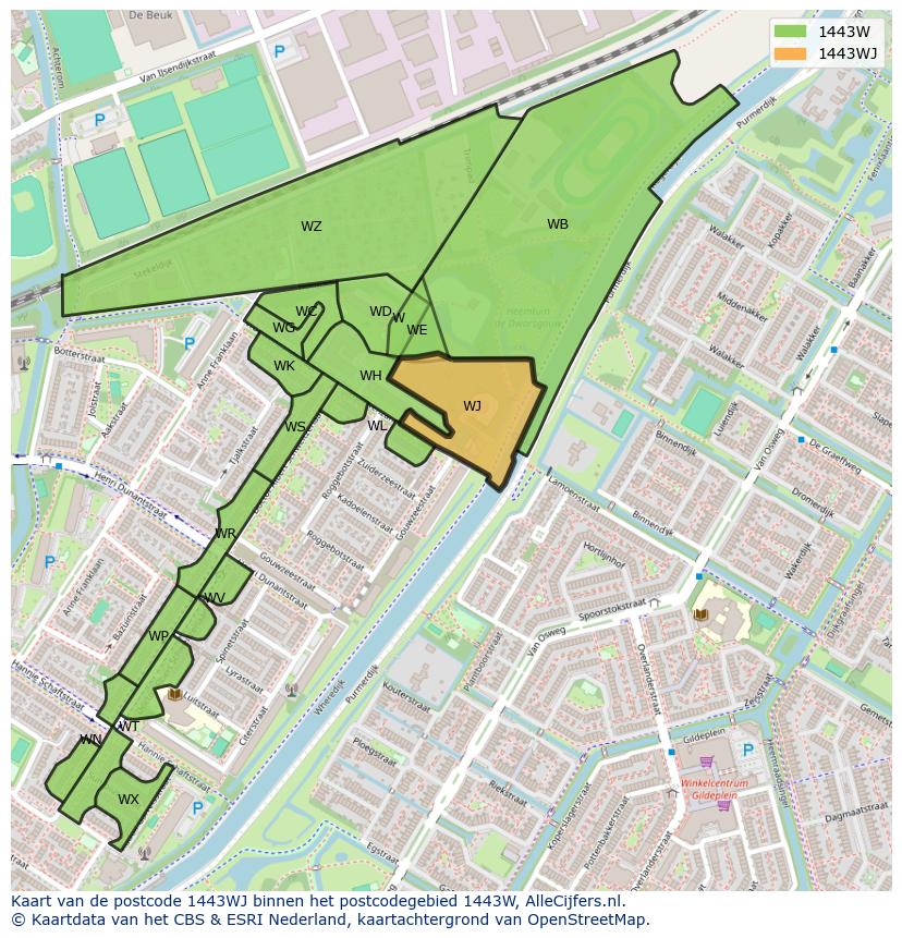 Afbeelding van het postcodegebied 1443 WJ op de kaart.