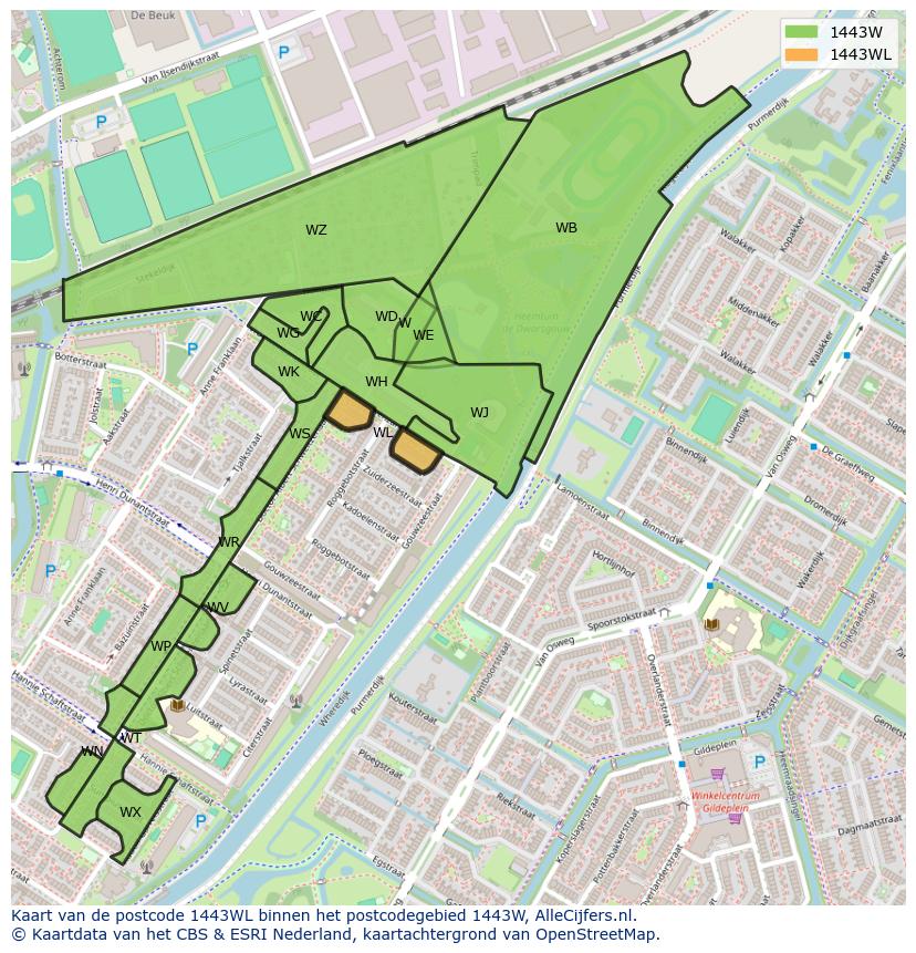 Afbeelding van het postcodegebied 1443 WL op de kaart.