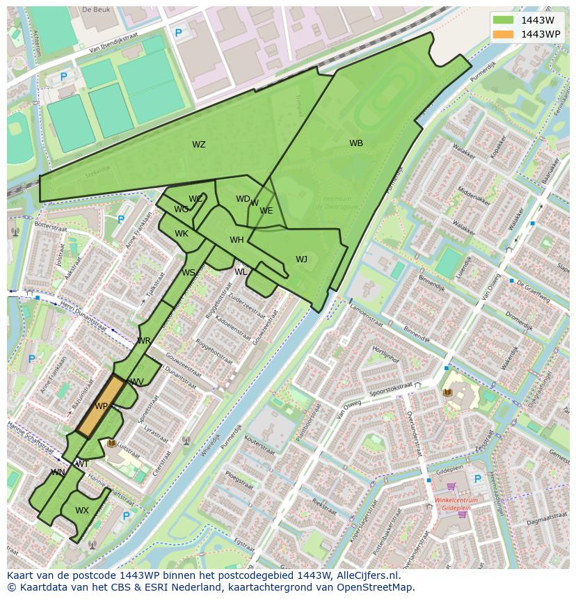 Afbeelding van het postcodegebied 1443 WP op de kaart.