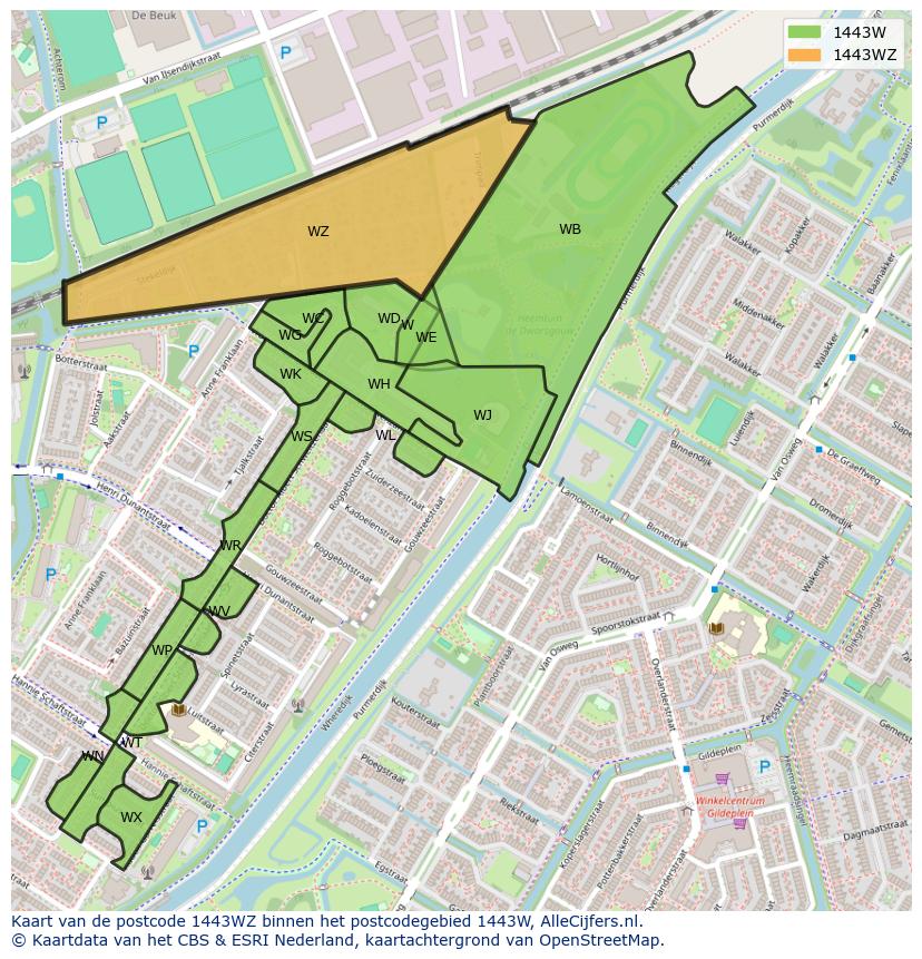 Afbeelding van het postcodegebied 1443 WZ op de kaart.